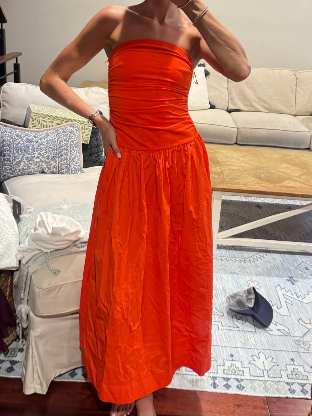 Never Fully Dressed Strapless Bright Orange Midi Dress